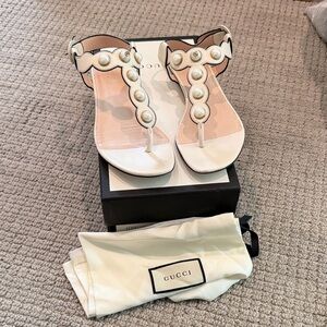 Gucci White Pearl Embellished Sandals